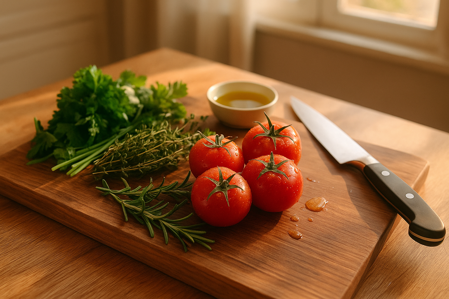 Holzbrett mit frischen Tomaten, Kraeutern, Olivenoel und Kuechenmesser im Morgenlicht
