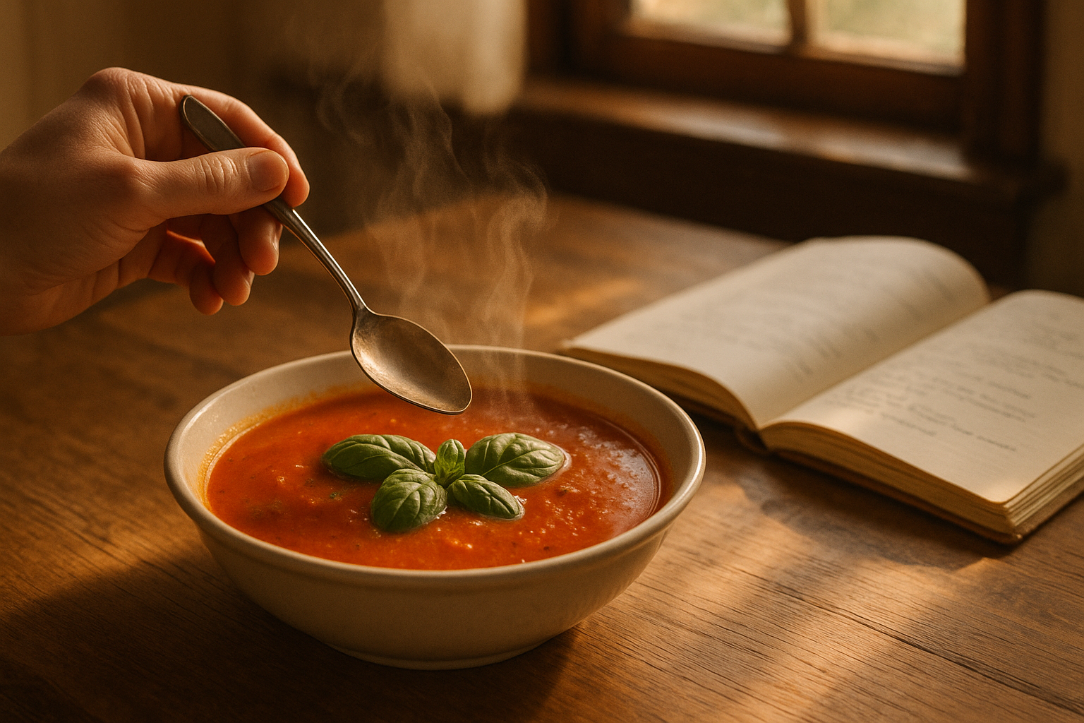 Dampfende Tomatensuppe mit Basilikum, Hand mit Loeffel und offenes Notizbuch